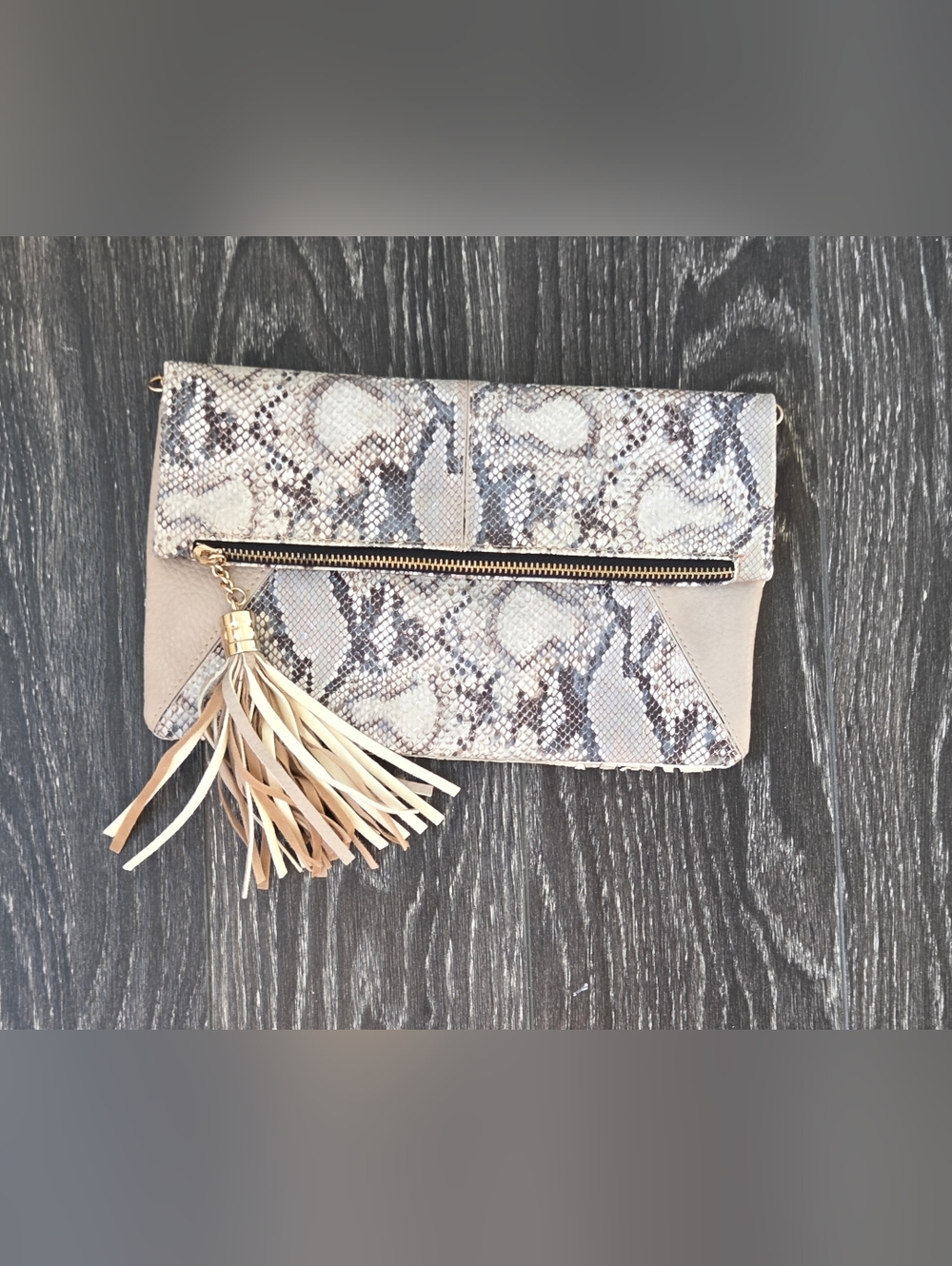 Neutral Snake-Print Foldover Clutch with Tassel